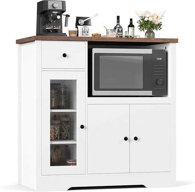 Storage Cabinet with Adjustable Shelves & Microwave Stand, Buffet Sideboard with Drawer, Single and Double Doors for Kitchen, Dining Room, White & Walnut