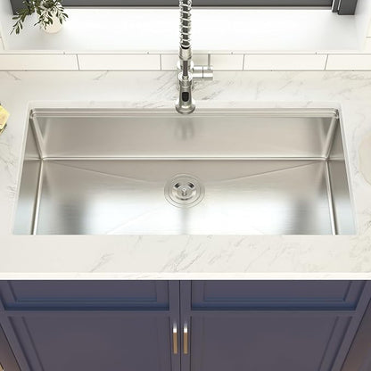 36 Inch Undermount Kitchen Sink Workstation 16 Gauge Stainless Steel Handmade Sink Round Corners Single Bowl Large Deep Under Counter Kitchen Sinks Basin, 36"x19"x9"