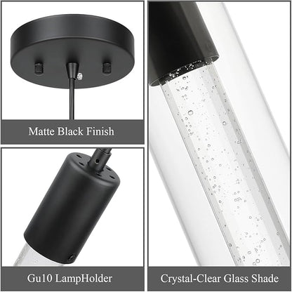 XiNBEi Lighting Pendant Light Fixtures, Black Pendant Lights Kitchen Island with LED Bulb & Bubble Crystal, Kitchen Hanging Lighting for Dining Table Hallway Bedroom Living Room XB-P1110-MB