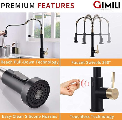 GIMILI Touchless Spring Kitchen Faucet with Soap Dispenser,Matte Black&Gold