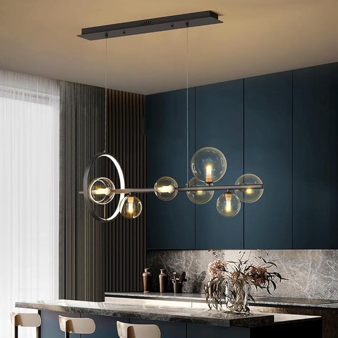 Linear Kitchen Island Lighting, Dining Room Light Fixture Over Table, Large Industrial Black Pendant Lights Ceiling Hanging for Kitchen Living Room (Black, 7-Light)