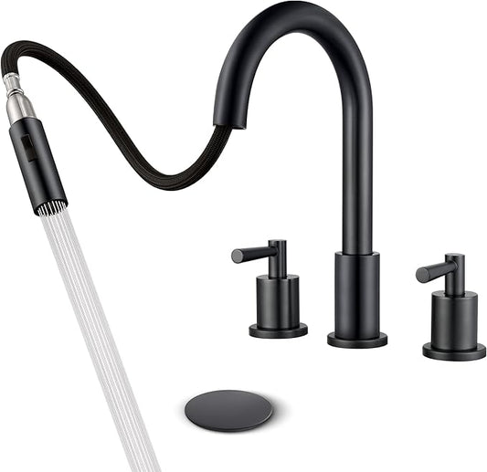 Black Bathroom Faucet 3 Hole - 8 Inch Matte Black Widespread Bathroom Faucet with Sprayer, Sink Faucet Bathroom 2 Handles - Pull Down Vanity Faucets with Pop Up Drain and Supply Lines
