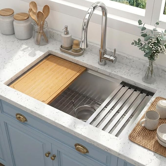 LQS 30 Inch Undermount Kitchen Sink with Round Corner, 30" x 18" Undermount Kitchen Sink 16 Gauge Stainless Steel, R10 Round Corner with Handmade Workstation Ledge and Built-In Abundant Accessories