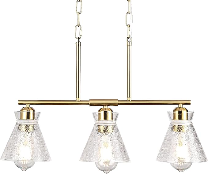 Gold Kitchen Island Lighting, 3-Light Farmhouse Pendant Light with Seeded Glass Shades, Adjustable Dining Room Chandelier for Entryway, Hallway, Foyer, Living Room, Bedroom