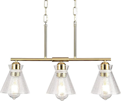 Gold Kitchen Island Lighting, 3-Light Farmhouse Pendant Light with Seeded Glass Shades, Adjustable Dining Room Chandelier for Entryway, Hallway, Foyer, Living Room, Bedroom