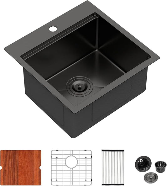 Logmey 18" Square Drop in Bar Sink,PVD Nano Gun Black 16 Gauge Stainless Steel,18x18x9 All in One Workstation Sink for Kitchen Prep,RV,Wet Bar & Outdoor