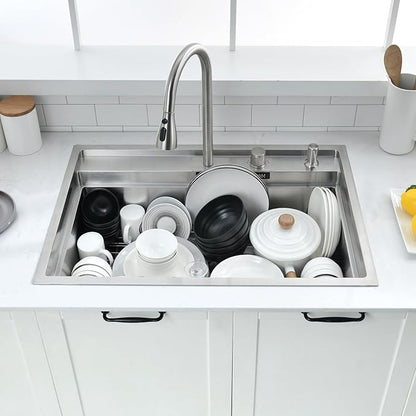 30 inch Drop in Kitchen Sink Waterfall Workstation with Faucet Combo-VOKIM 30x22 Drop-in sink 16 Gauge Stainless Steel Single Bowl Kitchen Sink with Cutting Board