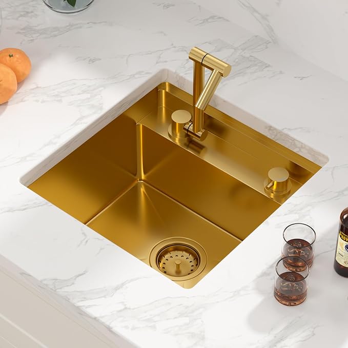 Sarlai Undermount Bar Sink - 18 Inch Gold Undermount Kitchen Sink Workstation with Foldable Faucet 18x18 Inch Outdoor Bar Prep Single Bowl Gold Sinks 16 Gauge Stainless Steel BBQ Basin with Cover
