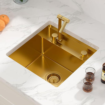 Sarlai Undermount Bar Sink - 18 Inch Gold Undermount Kitchen Sink Workstation with Foldable Faucet 18x18 Inch Outdoor Bar Prep Single Bowl Gold Sinks 16 Gauge Stainless Steel BBQ Basin with Cover
