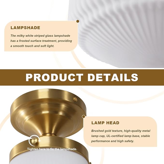 Milk White Glass Flush Mount Ceiling Light Fixture, Mid Century Modern Farmhouse Close to Ceiling Lamp for Bedroom Kitchen Hallway Laundry, Gold Ceiling Lighting