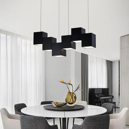 Modern Black Kitchen Island Lighting, Linear Chandeliers for Dining Room 6-Light Square Ceiling Hanging Pendant Light