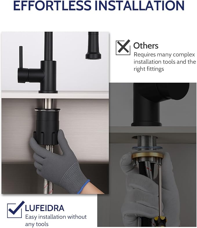 LUFEIDRA Black Kitchen Faucet with Pull Down Sprayer, High Arc Spring 304 Stainless Steel Single Handle 1 or 3 Hole 2 Mode Kitchen Faucets for Farmhouse RV Camper Laundry Wet Bar