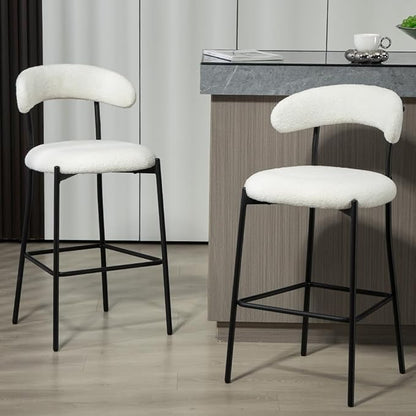 26" Counter Height Bar Stools - Teddy Fabric Upholstered Kitchen Island Stools with Black Powder-Coated Metal Base & Integrated Footrest, Modern Farmhouse Style(Snow)