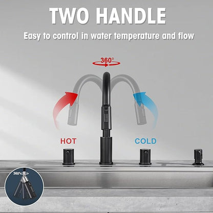 Tohlar 4 Hole Kitchen Faucet, Brushed Gold Kitchen Faucet with Soap Dispenser and Pull Down Sprayer 3 Modes Kitchen Sink Faucets, Stainless Steel High Arch Kitchen Sink Faucet with Separate Handle