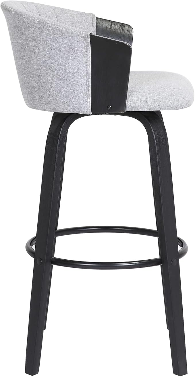 Armen Living Diana 26" Seat Height Mid Century Modern Swivel Black Wood Bar Stool for Kitchen Island Counter in Light Gray Fabric