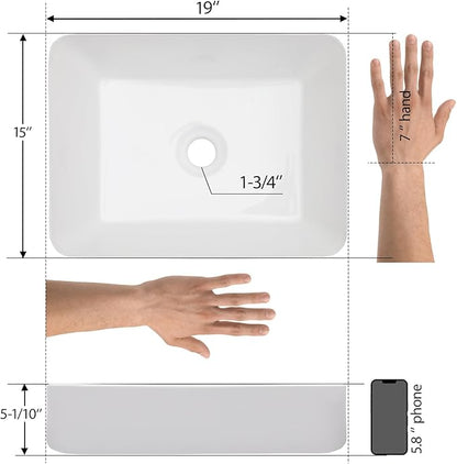 Mocoloo Rectangle Vessel Sink 19"x15" Ceramic Bathroom Sinks White Porcelain Lavatory Small Vanity Sink Basin without Overflow Drain Above Countertop Installation