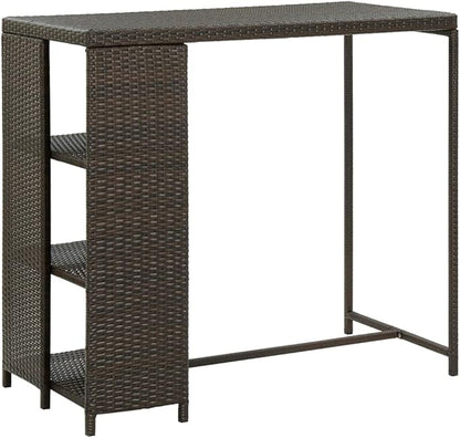 Rectangular Bar Table, Brown PE Rattan Steel Frame, 47.2 x 23.6 x 43.3 in, Indoor Outdoor Dining Kitchen Table with Storage Shelves