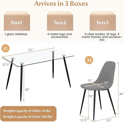 Tangkula Dining Table Set for 4, Modern Kitchen Table and Chairs, Glass Table and Chairs Set of 4 for Small Living Room, Kitchen