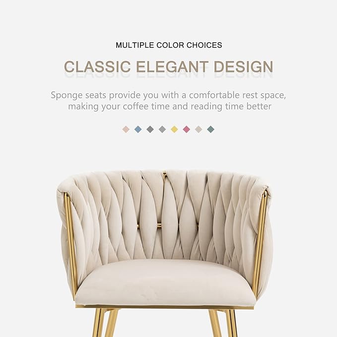 Nrizc Woven Dining Chairs Set of 6, Velvet Upholstered Dining Chairs with Gold Metal Legs, Modern Accent Chairs for Living Room, Dining Room, Kitchen (Beige)