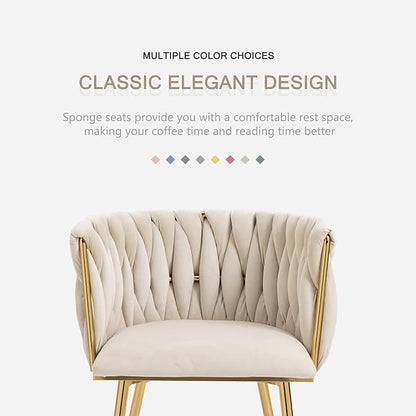 Nrizc Woven Dining Chairs Set of 6, Velvet Upholstered Dining Chairs with Gold Metal Legs, Modern Accent Chairs for Living Room, Dining Room, Kitchen (Beige)