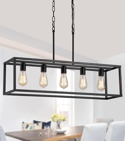 AMZASA Black Rectangle Kitchen Island Lights Rectangular Modern Industrial Chandelier for Dining Room 5 Lights Linear Vintage Cage Light Fixtures UL Listed