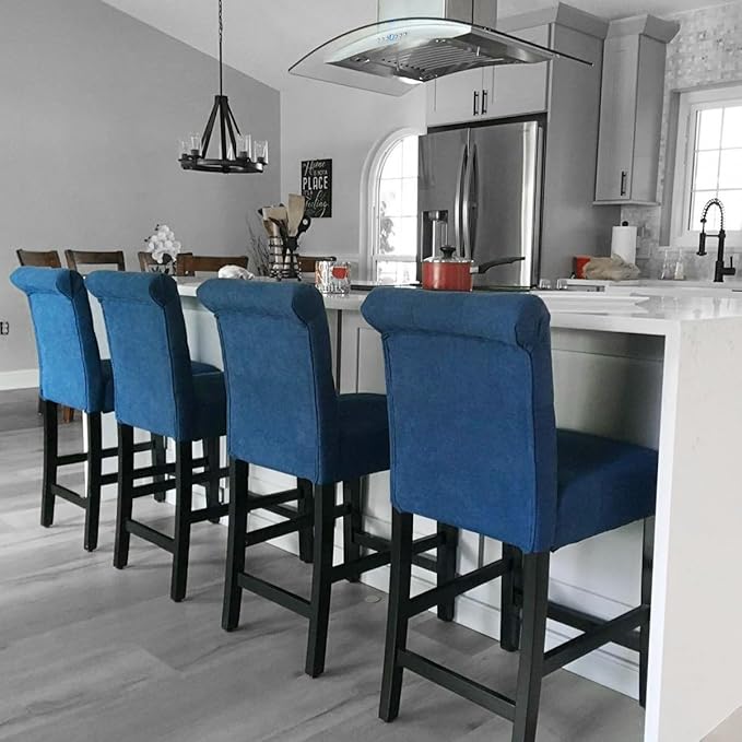 LSSBOUGHT 24 Inches Upholstered Counter Stools, Bar Stools Set of 4, Fabric Counter Stools with Back, Counter Height Bar Chairs with Solid Wood Legs for Home Kitchen Island Dining Room, (4pcs,Blue)
