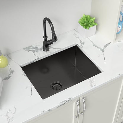 Sarlai 12“ Deep Laundry Sink Undermount - 24 Inch Black Undermount Kitchen Sink Utility Laundry Sinks Stainless Steel Single Bowl Under Counter Handmade Laundry Utility Room Basin