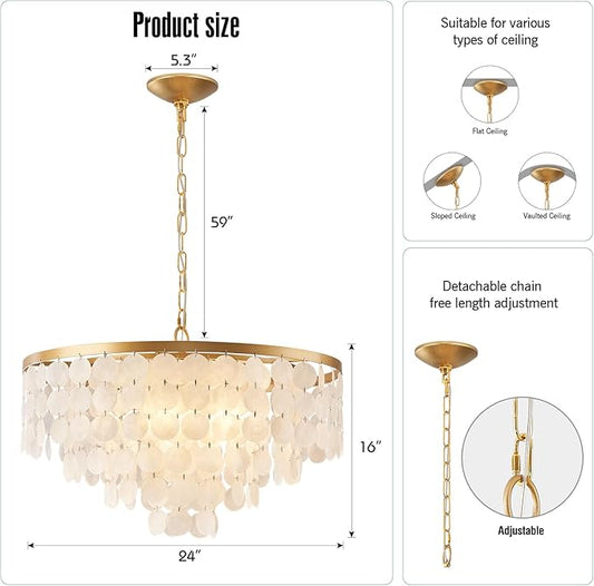 24" Capiz Shell Chandelier, 5 Light Gold Dining Room Light Fixture Modern Coastal Chandeliers for Bedroom Bathroom Kitchen and Foyer(White Seashell Lighting Fixtures)