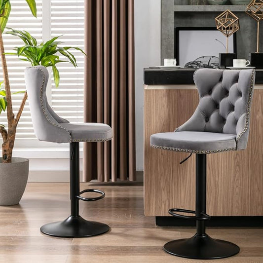 Modern Swivel Bar Stool with Adjustable Height and Tufted Upholstered Backrest for Kitchen Island, Home Bar, or Dining Area (Gray + Velvet + Foam)