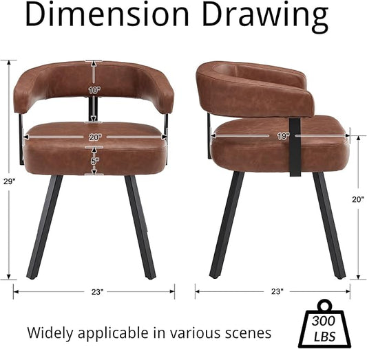 Modern Barrel Dining Chairs Set of 2, Brown PU Leather Upholstered Dining Room Chairs with Arms, Comfy Kitchen Chairs with Black Metal Legs for Dinner Living Room