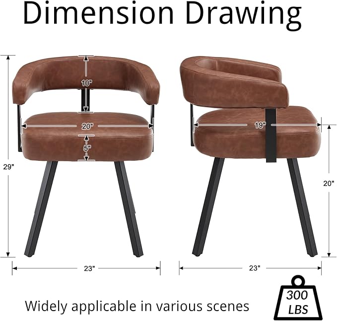 Modern Barrel Dining Chairs Set of 6, Brown PU Leather Upholstered Dining Room Chairs with Arms, Comfy Kitchen Chairs with Black Metal Legs for Dinner Living Room