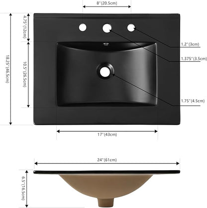 JONATHAN Y SNK1001B Ancillary 3-Hole 24 in. W x 18.25 in. D Classic Contemporary Rectangular Ceramic Single Sink Basin Vanity Top, Black