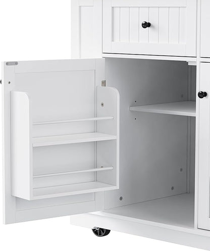 Ball & Cast Kitchen Island with 2 Bar Stools and Power Outlet,Rolling Kitchen Cart on 5 Wheels W/Drop Leaf&5 Open Side Racks,Kitchen Storage Cart W/Adjustable Shelf,for Kitchen,Dining Room,White,48"