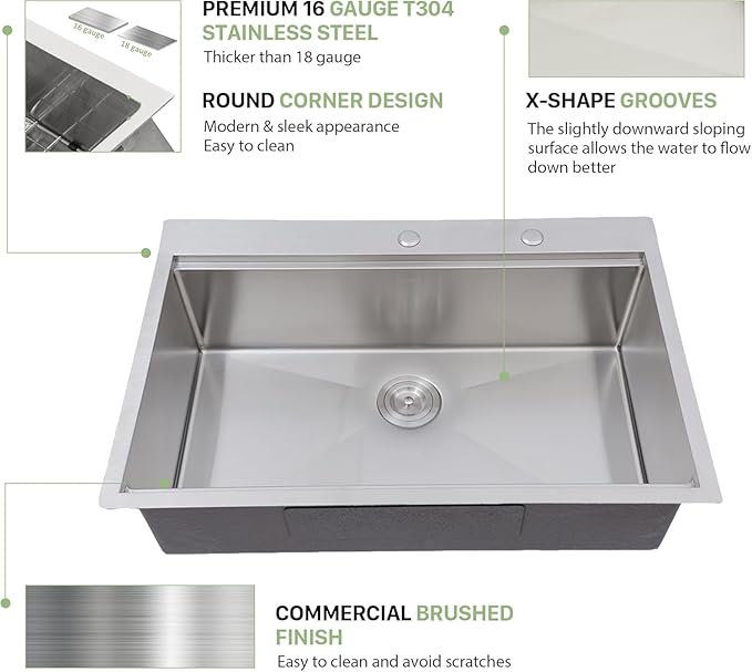 28 Inch Drop In Kitchen Sink - Beslend Stainless Steel Ledge Workstation Sinks 16 Gauge Top Mount Handmade Welding Large Single Bowl Over Counter Kitchen Basin with Accessories 28x22x10
