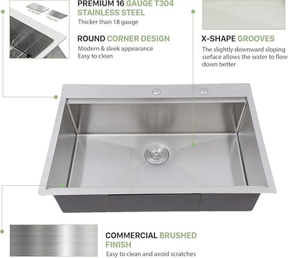28 Inch Drop In Kitchen Sink - Beslend Stainless Steel Ledge Workstation Sinks 16 Gauge Top Mount Handmade Welding Large Single Bowl Over Counter Kitchen Basin with Accessories 28x22x10