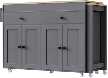 Ball & Cast 75" Kitchen Island with Extendable Dining Table,Rolling Dining Islands Cart On Wheels W/Spice Rack & 2 Drawers,Mobile Storage Kitchen Cart W/ 4 Door Cabinet,for Kitchen,Dining Room,Grey