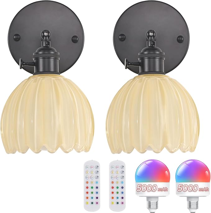 Shenmoyl Vintage Wall Sconce Set of 2 - Rechargeable Battery Powered with Remote Control, Pastel Yellow Tulip Glass Lampshade (5000mAh) for Bedroom/Doorway