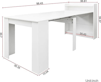 SOFTSEA Extendable Foldable Dining Room Table with Storage, Rustic Rectangle Expandable Kitchen Island, White