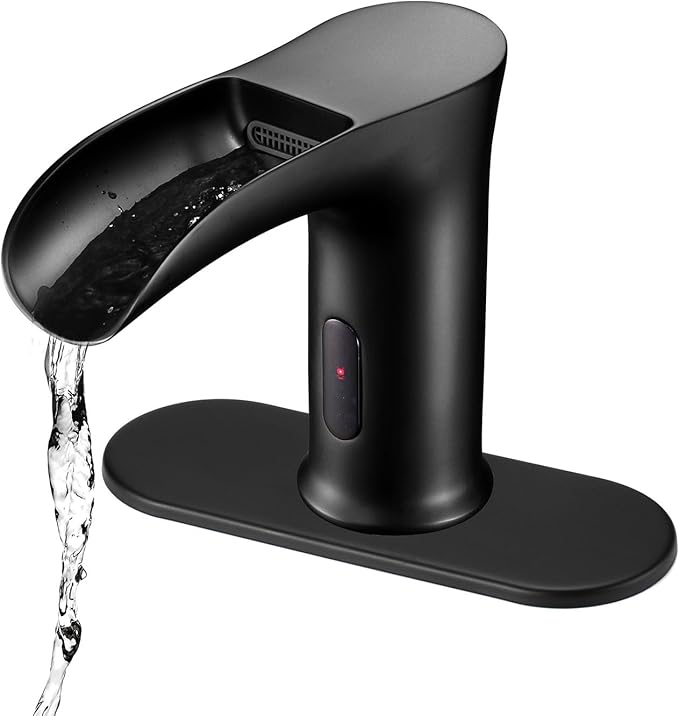 Automatic Sensor Touchless Waterfall Bathroom Sink Faucet, Modern Electronic Sensor Lavatory Faucet, Matte Black Hands Free Vanity Faucets with Control Box and Temperature Mixer