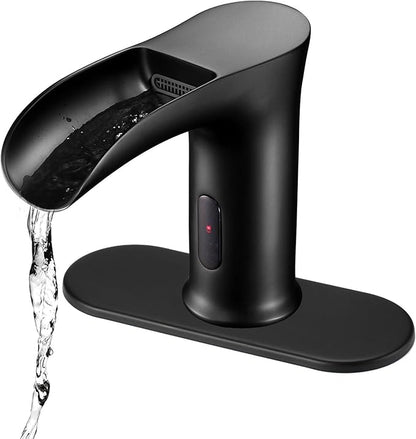 Automatic Sensor Touchless Waterfall Bathroom Sink Faucet, Modern Electronic Sensor Lavatory Faucet, Matte Black Hands Free Vanity Faucets with Control Box and Temperature Mixer