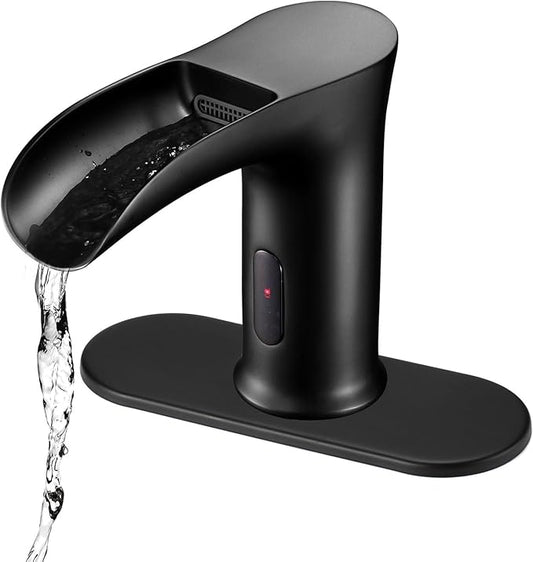 Automatic Sensor Touchless Waterfall Bathroom Sink Faucet, Modern Electronic Sensor Lavatory Faucet, Matte Black Hands Free Vanity Faucets with Control Box and Temperature Mixer