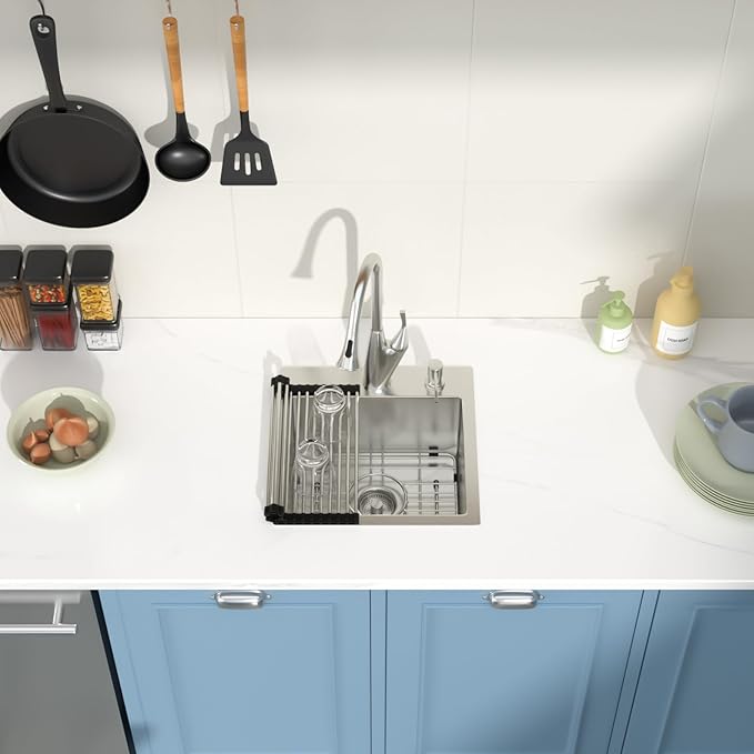 Drop in Bar Sink 15x15 Inch 16 Gauge Stainless Steel Handmade Topmount Kitchen Sink Single Bowl - 8 Inches Deep