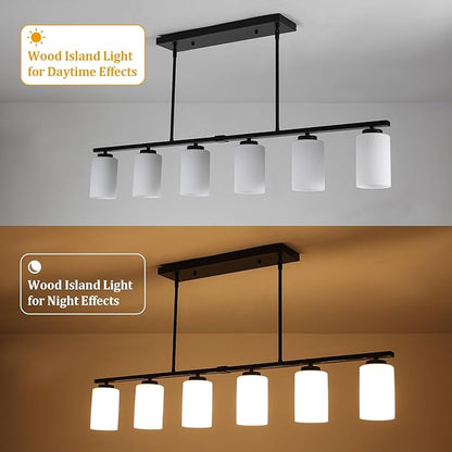 45.27'' Modern Farmhouse Kitchen Island Light, 6-Light Island Lights for Kitchen, Dining Room Light Fixture, Black Hanging Pendant Light with Milk Glass Shade, Linear Chandelier with Adjustable Rod