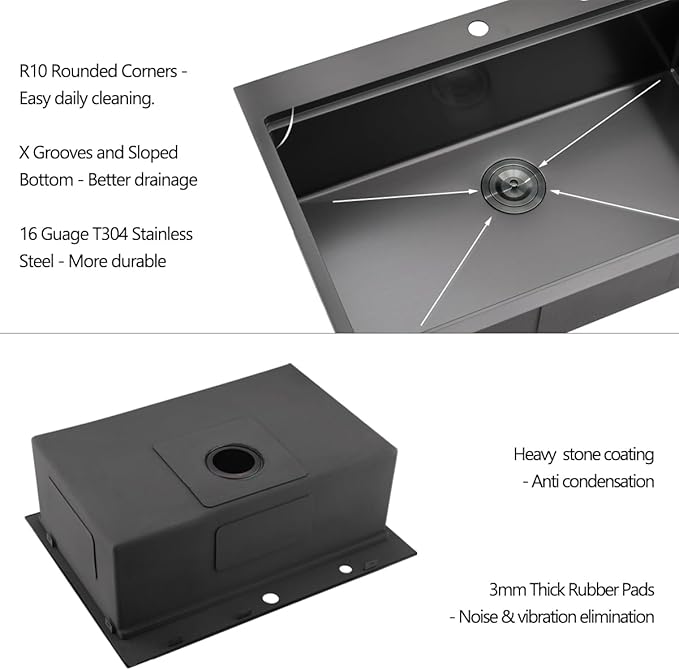 28 Black Drop in Kitchen Sink, Luckyhorse 16 Gauge Nano Black Stainless Steel 28x22x10 Inches Topmount Workstation Kitchen Sinks LH005S