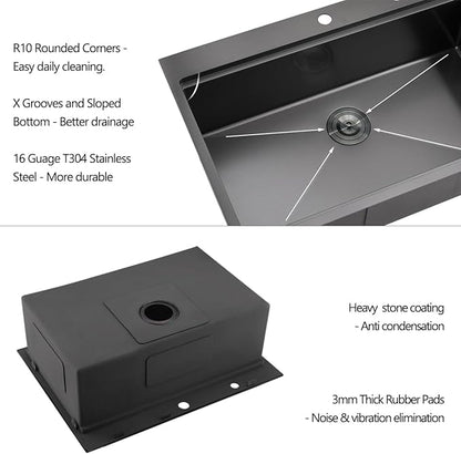 28 Black Drop in Kitchen Sink, Luckyhorse 16 Gauge Nano Black Stainless Steel 28x22x10 Inches Topmount Workstation Kitchen Sinks LH005S