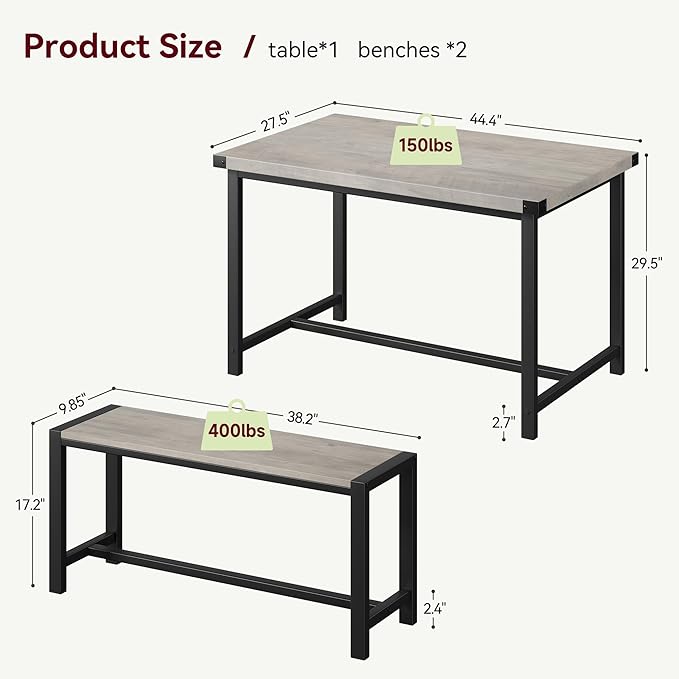 CABIHOME Dining Table and 2 Benches with Corner Protector, Dining Table Set for 4 with 2 Benches, Kitchen Table Set for 4-6 with H-Shaped Frame for Small Space, Kitchen, Apartment, Rustic Gray