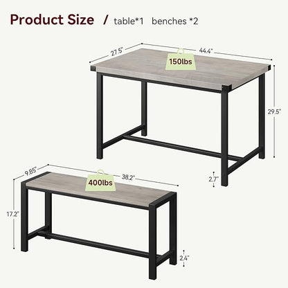 CABIHOME Dining Table and 2 Benches with Corner Protector, Dining Table Set for 4 with 2 Benches, Kitchen Table Set for 4-6 with H-Shaped Frame for Small Space, Kitchen, Apartment, Rustic Gray