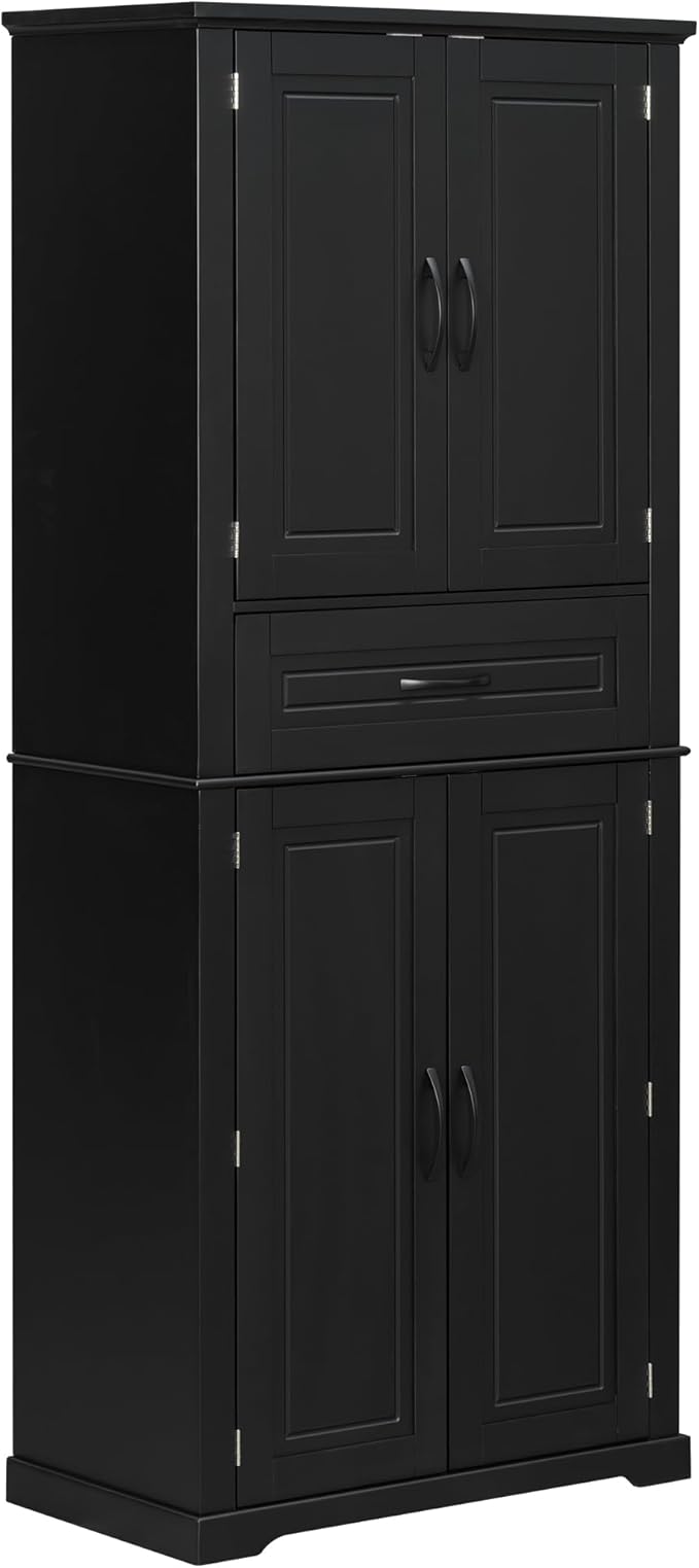 Merax 72" Tall Kitchen Pantry Storage Cabinet, Farmhouse Freestanding Large Cupboard with One Drawer, Bathroom Cabinet with Adjustable Shelves, 6 Door-Shelf for Dining Room, Black