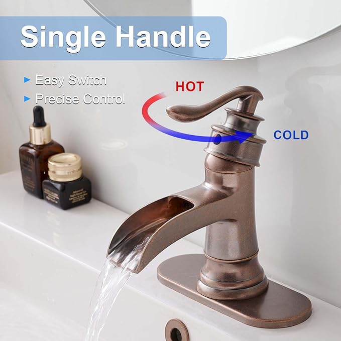 BWE Copper Bathroom Faucet Antique Brass Sink Vanity Bath Restroom Basin Single Handle Waterfall Rose Mixer Tap One Hole Lever Deck Mount Commercial
