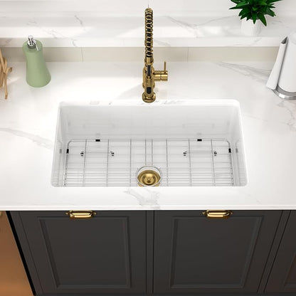 White Undermount Kitchen Sink 30 Inch Porcelain White Kitchen Sink 30"x18"x10" Dual Mount Single Bowl Ceramic Kitchen Sinks - Gold Drain Set